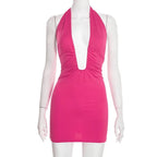 Women's Halter Mini Dress with Ruched Detail and Open Back - 5