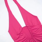 Women's Halter Mini Dress with Ruched Detail and Open Back - 7