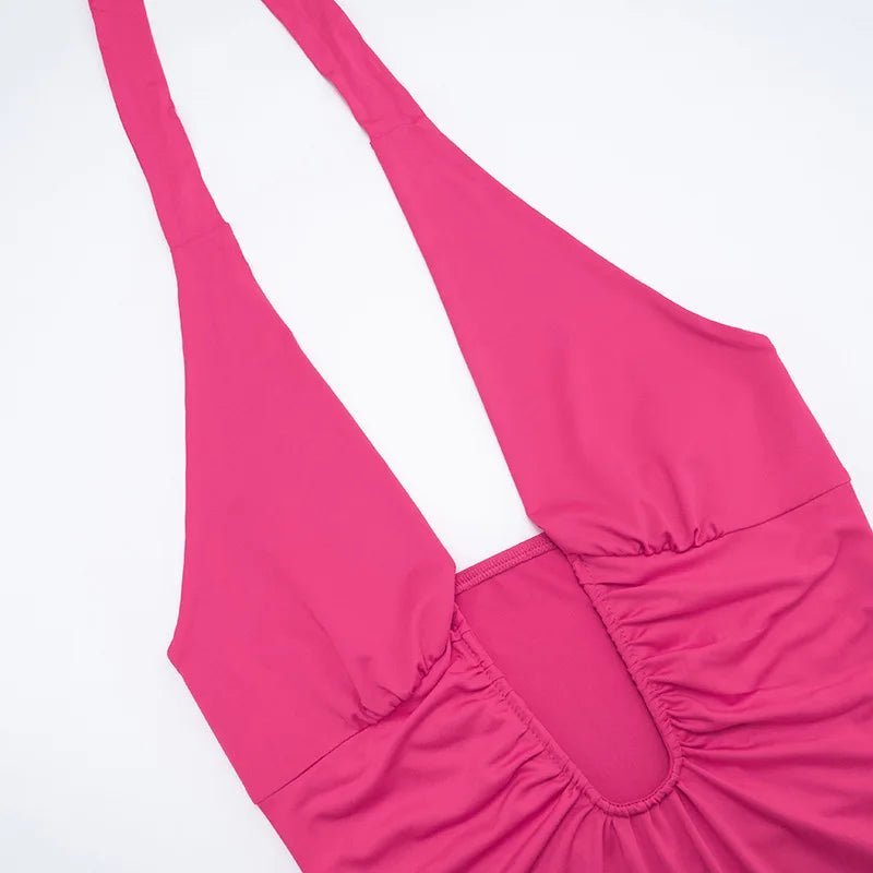 Women's Halter Mini Dress with Ruched Detail and Open Back - 7