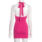Women's Halter Mini Dress with Ruched Detail and Open Back - 6