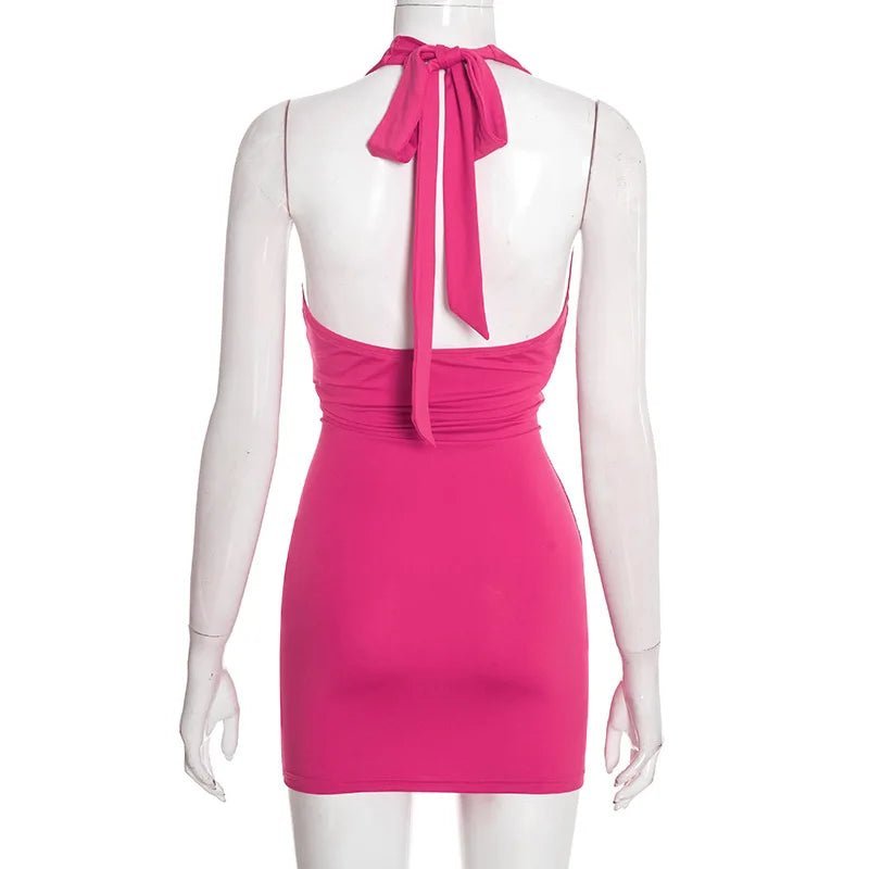 Women's Halter Mini Dress with Ruched Detail and Open Back - 6