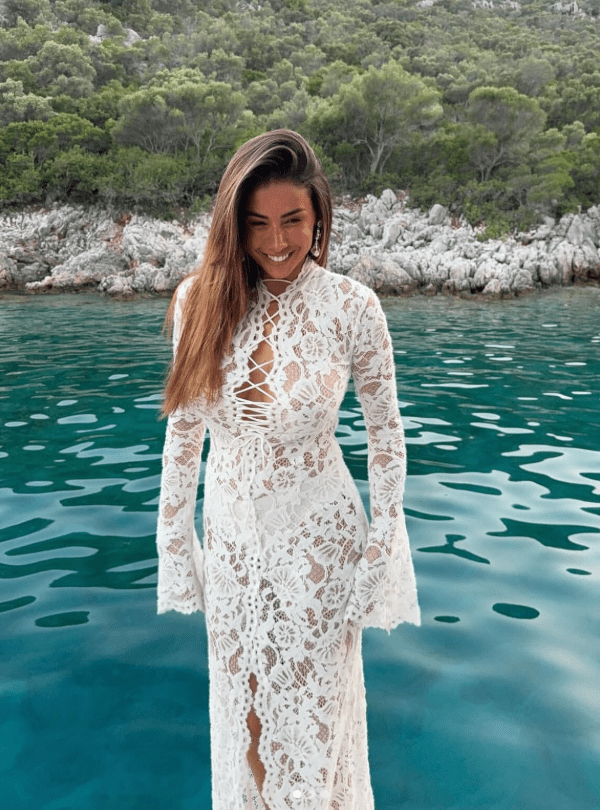 Women's Lace Dress with Tie Front and High Split - 2