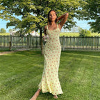 Women's Sleeveless Floral Maxi Dress with Scoop Neck and Flared Hem - Yellow