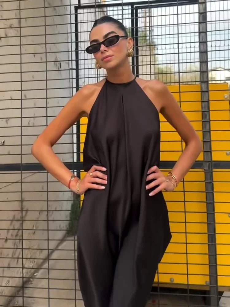 Women's Halter Maxi Dress with Draped Silhouette - Black