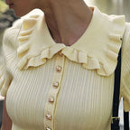 Women's Ribbed Mini Dress with Ruffle Collar and Short Sleeves - 7