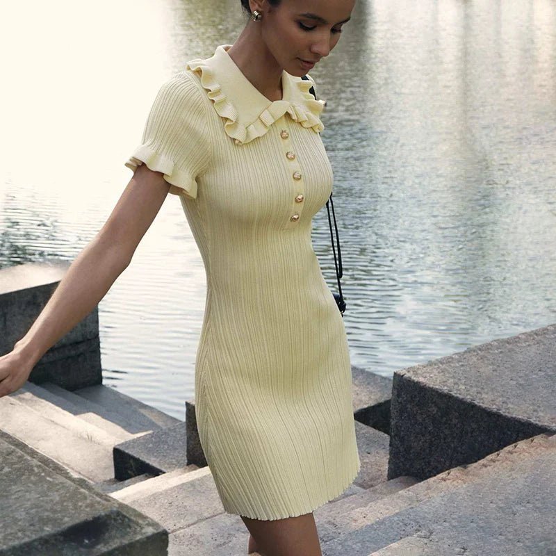 Women's Ribbed Mini Dress with Ruffle Collar and Short Sleeves - 6