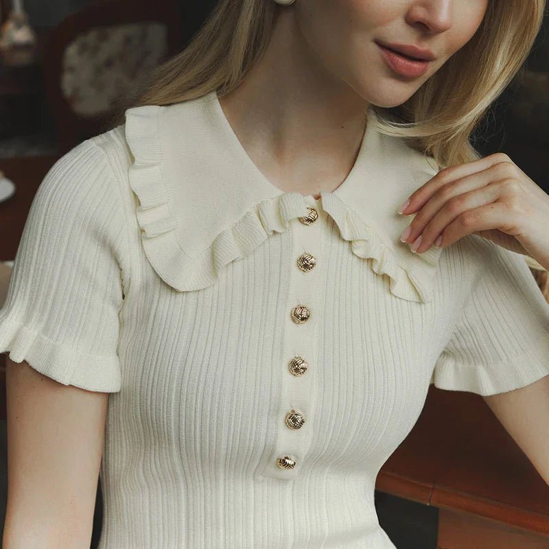 Women's Ribbed Mini Dress with Ruffle Collar and Short Sleeves - 9
