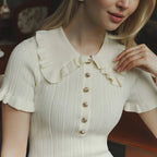 Women's Ribbed Mini Dress with Ruffle Collar and Short Sleeves - 9