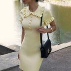 Women's Ribbed Mini Dress with Ruffle Collar and Short Sleeves - 4