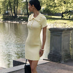 Women's Ribbed Mini Dress with Ruffle Collar and Short Sleeves - 5
