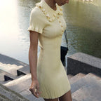 Women's Ribbed Mini Dress with Ruffle Collar and Short Sleeves - 3