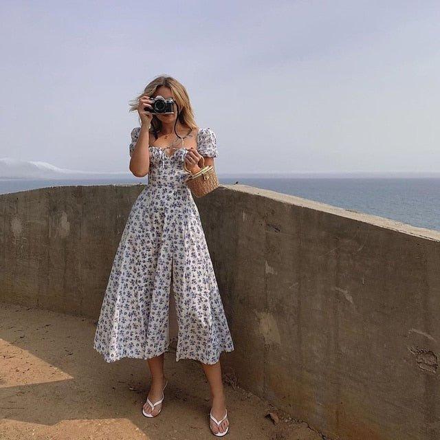 Women's Floral Midi Dress with Puff Sleeves and Front Slit - 3