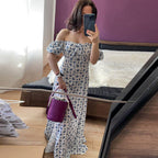 Women's Floral Midi Dress with Puff Sleeves and Front Slit - 8
