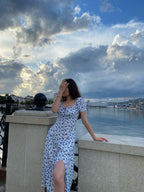 Women's Floral Midi Dress with Puff Sleeves and Front Slit - 7