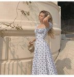 Women's Floral Midi Dress with Puff Sleeves and Front Slit - 4