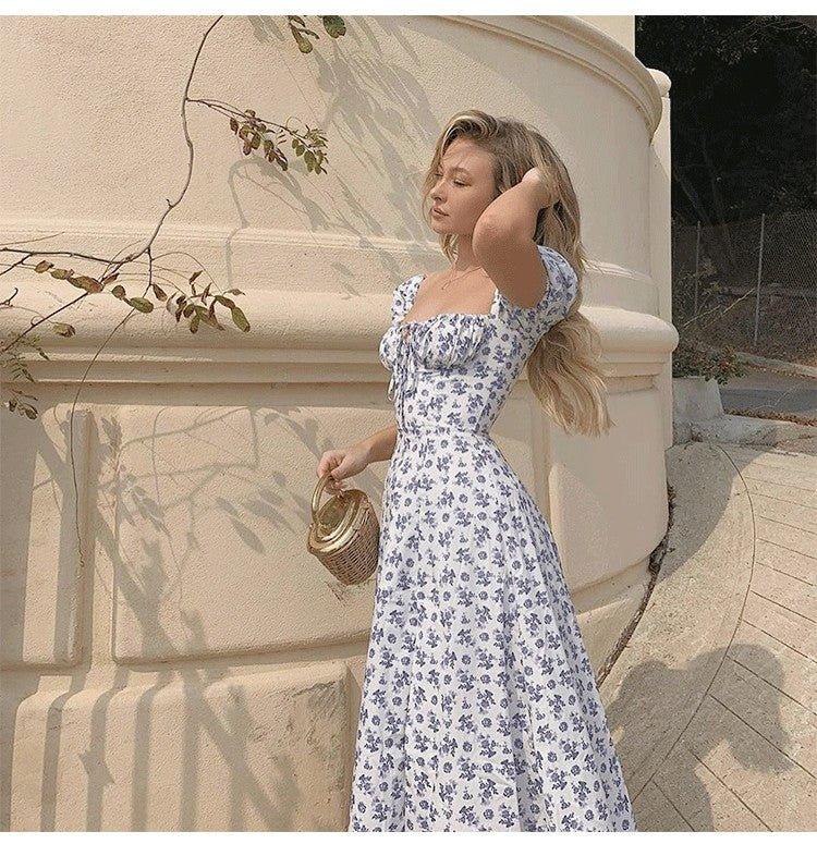 Women's Floral Midi Dress with Puff Sleeves and Front Slit - 4