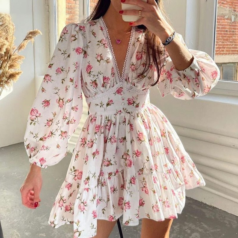 Women's Floral Mini Dress with V-Neck and Long Sleeves - White