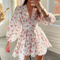 Women's Floral Mini Dress with V-Neck and Long Sleeves - White