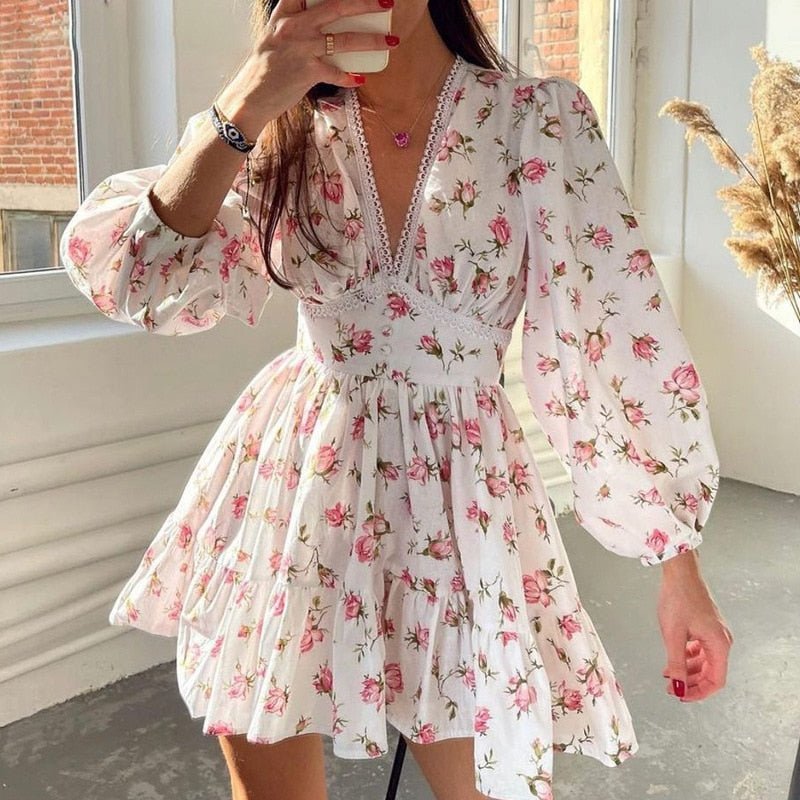 Women's Floral Mini Dress with V-Neck and Long Sleeves - 5