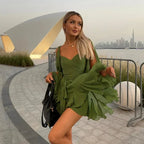 Women's Mini Dress V-Neck with Puff Sleeves and A-Line Skirt - 8