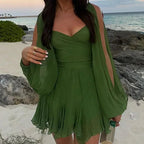 Women's Mini Dress V-Neck with Puff Sleeves and A-Line Skirt - 6