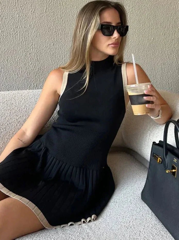 Women's Sleeveless Knit Dress with Drop-Waist and Contrast Trim - 11