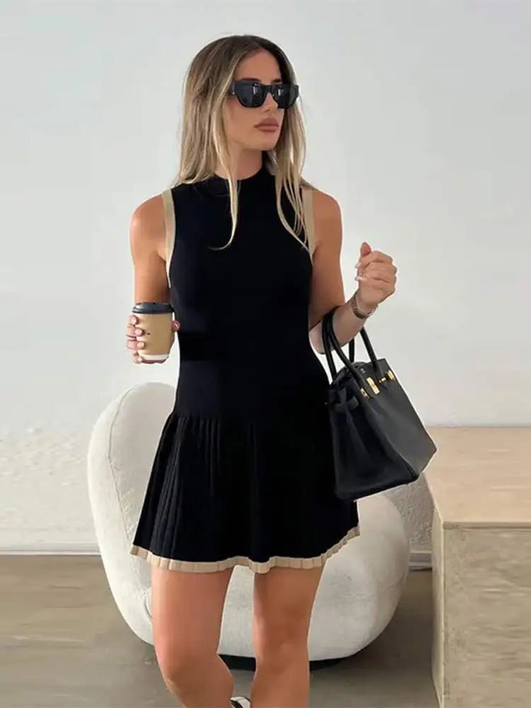 Women's Sleeveless Knit Dress with Drop-Waist and Contrast Trim - 9