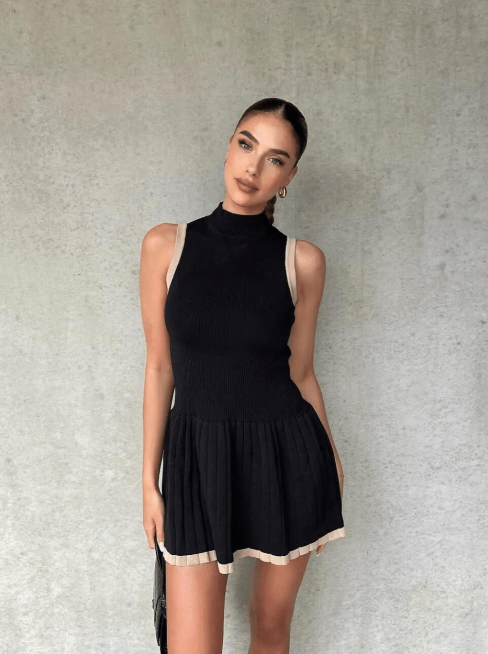 Women's Sleeveless Knit Dress with Drop-Waist and Contrast Trim - Black