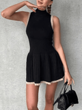 Women's Sleeveless Knit Dress with Drop-Waist and Contrast Trim - Black