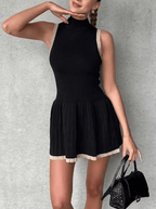 Women's Sleeveless Knit Dress with Drop-Waist and Contrast Trim - Black