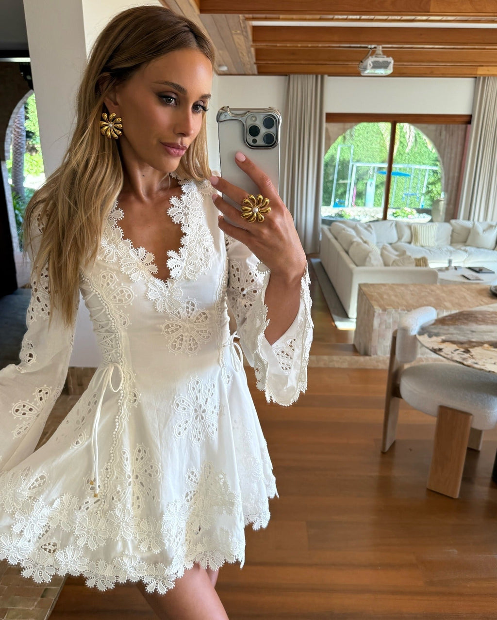 Women's Lace Mini Dress with Side-Tie Adjustable Waist and V-Neck - 2