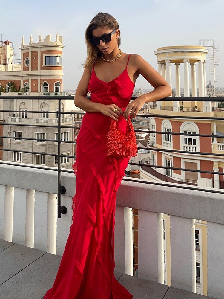 Women's Ruffle Maxi Dress Sleeveless with V-neck and Slim Fit - 8