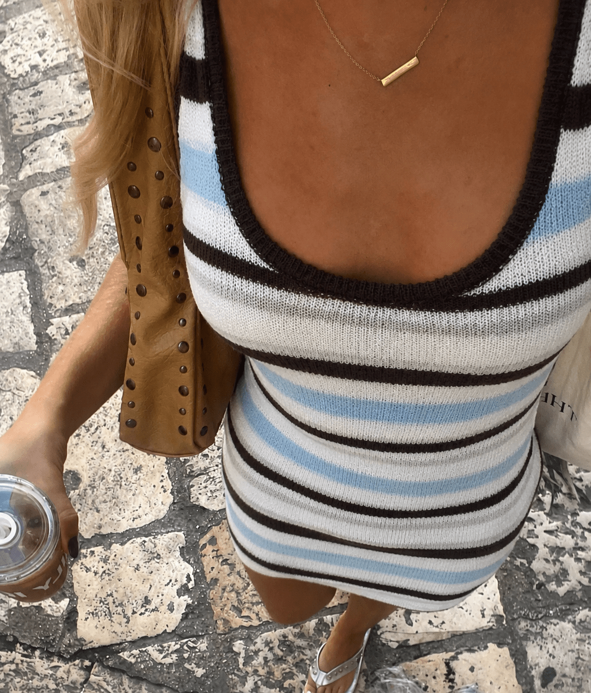 Women's Striped Mini Dress with Scoop Neck and Sleeveless Fitted Silhouette - Striped