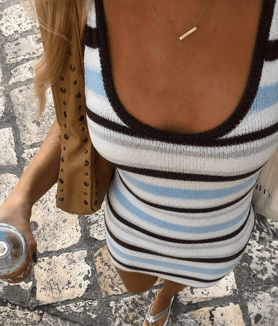 Women's Striped Mini Dress with Scoop Neck and Sleeveless Fitted Silhouette