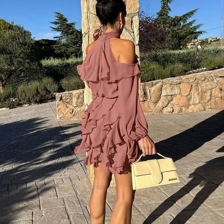 Women's Halter Mini Dress with Cold Shoulder and Tiered Ruffled Skirt - 5