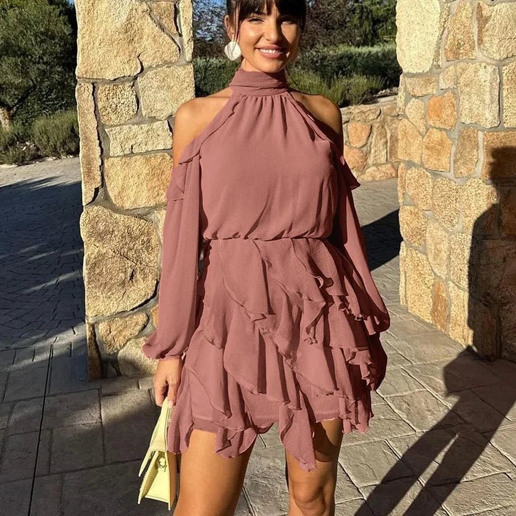 Women's Halter Mini Dress with Cold Shoulder and Tiered Ruffled Skirt - Pink