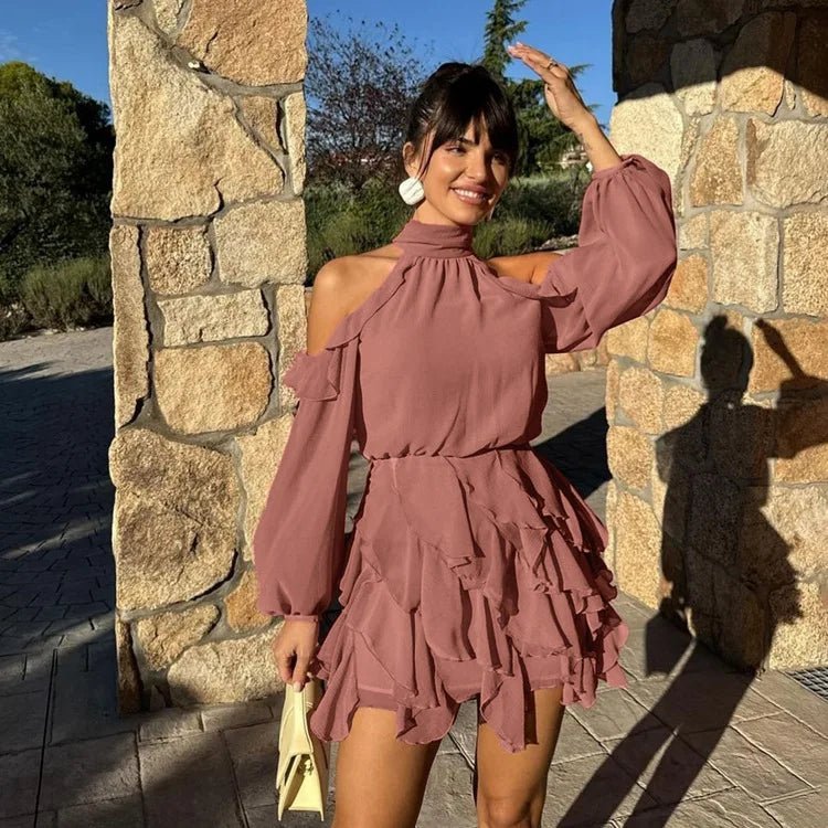 Women's Halter Mini Dress with Cold Shoulder and Tiered Ruffled Skirt - 3