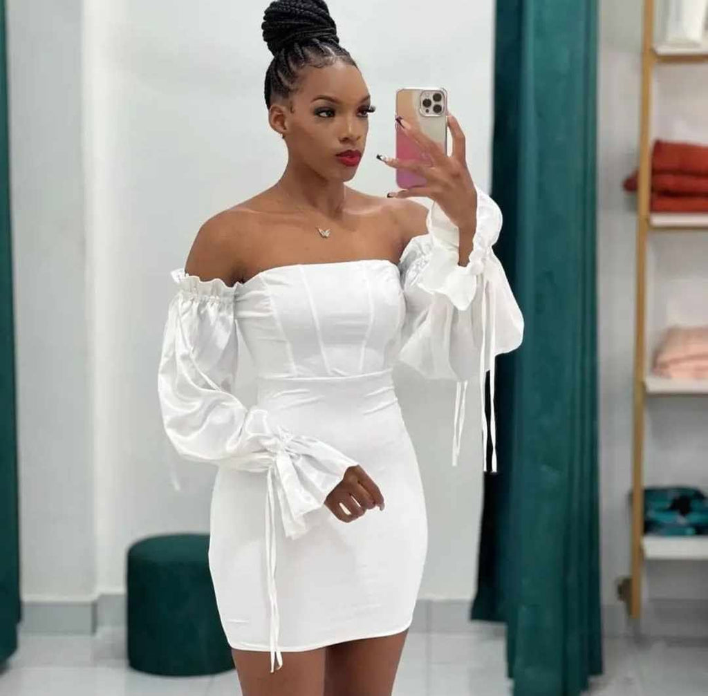 Women's Off-Shoulder Dress with Puff Sleeves and Bodycon Fit - 4