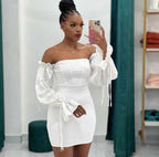 Women's Off-Shoulder Dress with Puff Sleeves and Bodycon Fit - 4