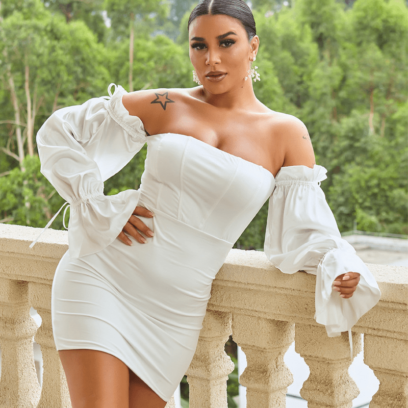 Women's Off-Shoulder Dress with Puff Sleeves and Bodycon Fit - 2