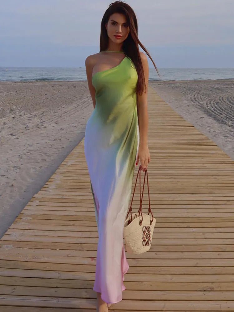 Women's One-Shoulder Ombre Maxi Dress with Asymmetric Neckline - 4