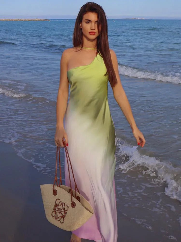 Women's One-Shoulder Ombre Maxi Dress with Asymmetric Neckline - Green