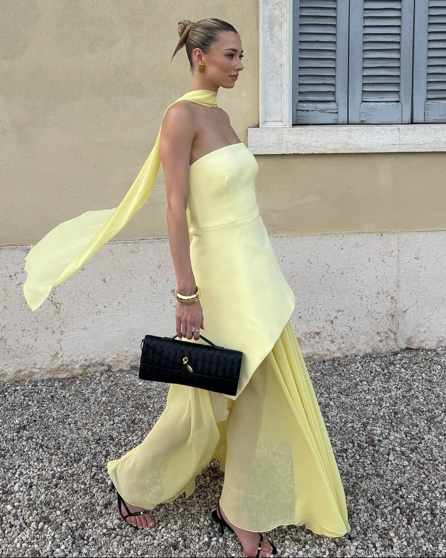 Women's Asymmetric Maxi Dress with Sheer Overlay and Halter Neck - Butter Yellow