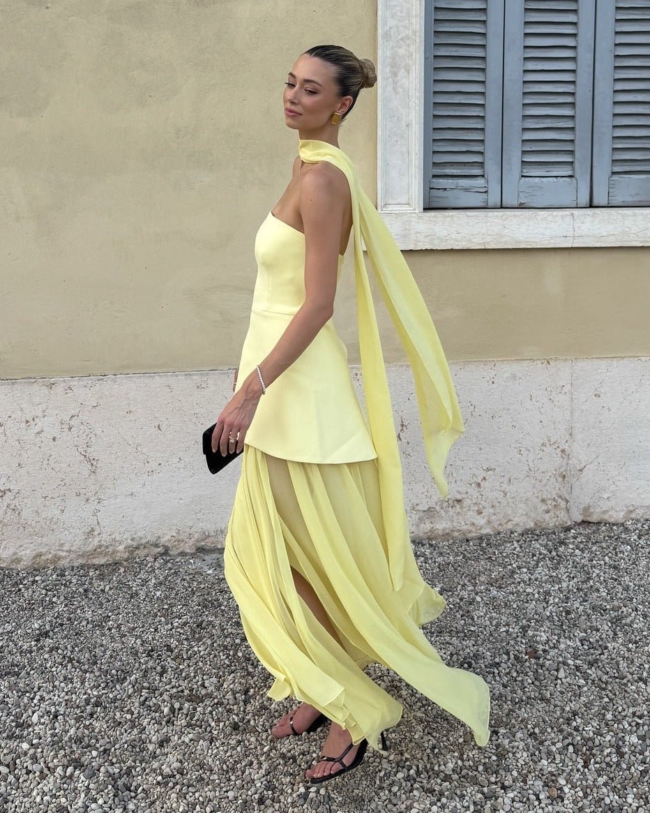 Women's Asymmetric Maxi Dress with Sheer Overlay and Halter Neck - 7