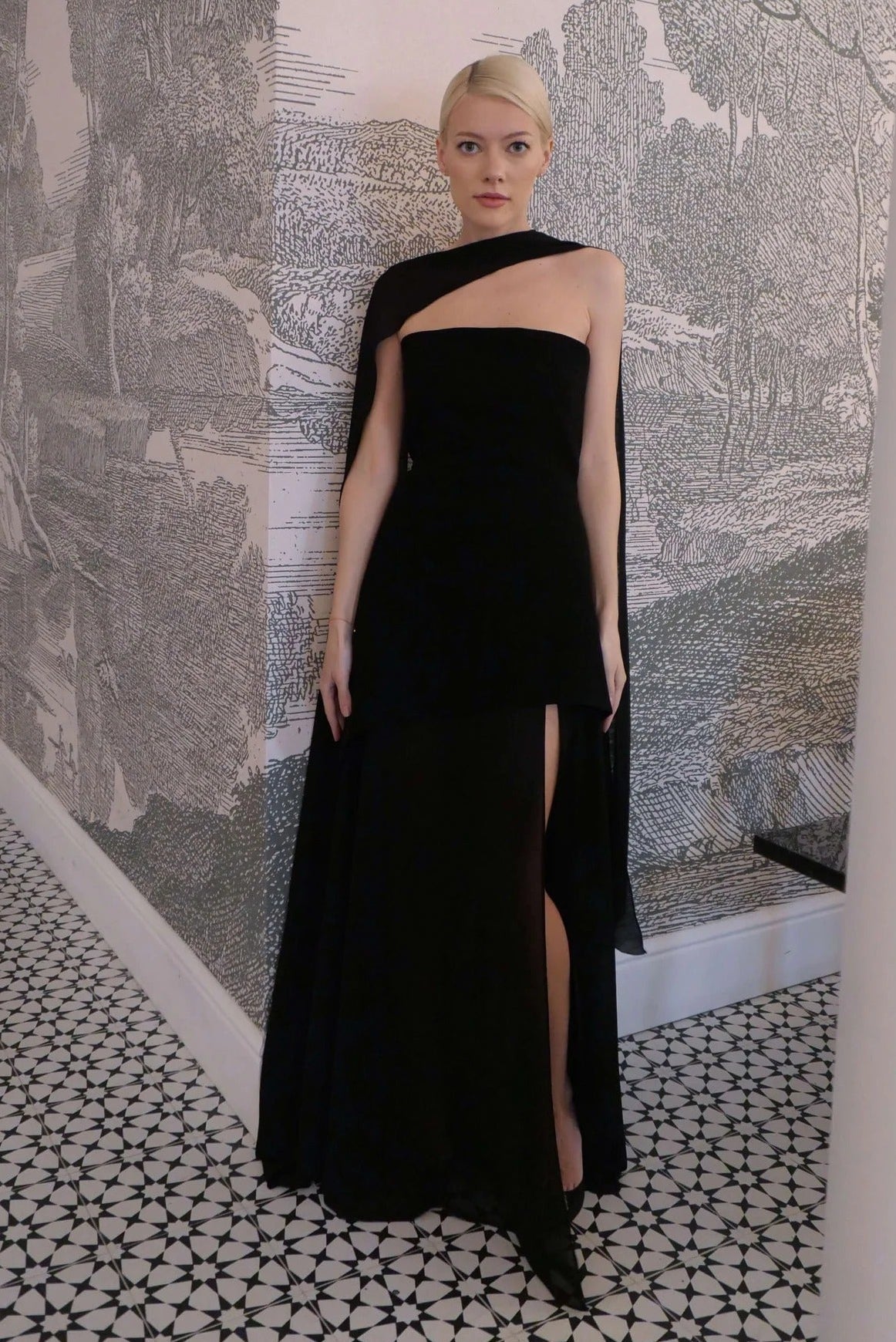 Women's Asymmetric Maxi Dress with Sheer Overlay and Halter Neck - Black
