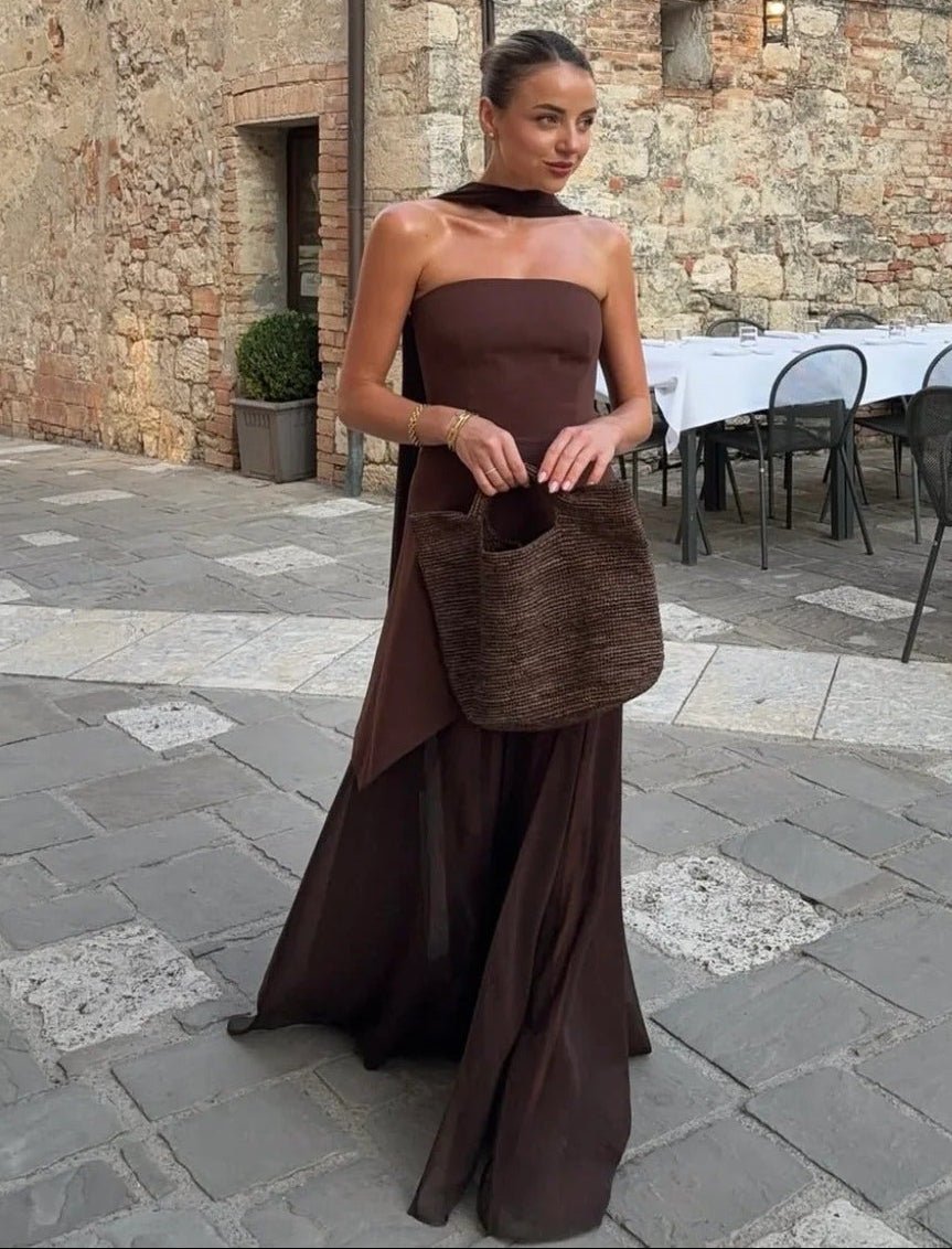 Women's Asymmetric Maxi Dress with Sheer Overlay and Halter Neck - Brown
