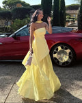 Women's Asymmetric Maxi Dress with Sheer Overlay and Halter Neck - Butter Yellow