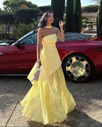 Women's Asymmetric Maxi Dress with Sheer Overlay and Halter Neck - Butter Yellow