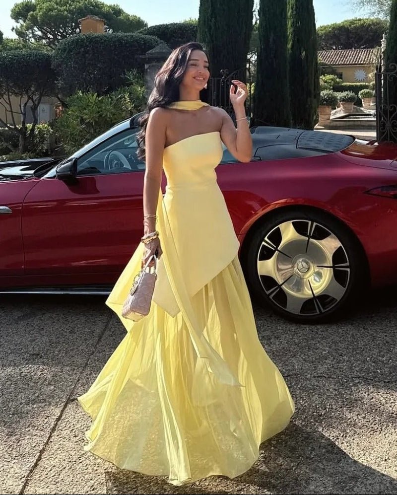 Women's Asymmetric Maxi Dress with Sheer Overlay and Halter Neck - Butter Yellow