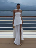 Women's Asymmetric Maxi Dress with Sheer Overlay and Halter Neck - White